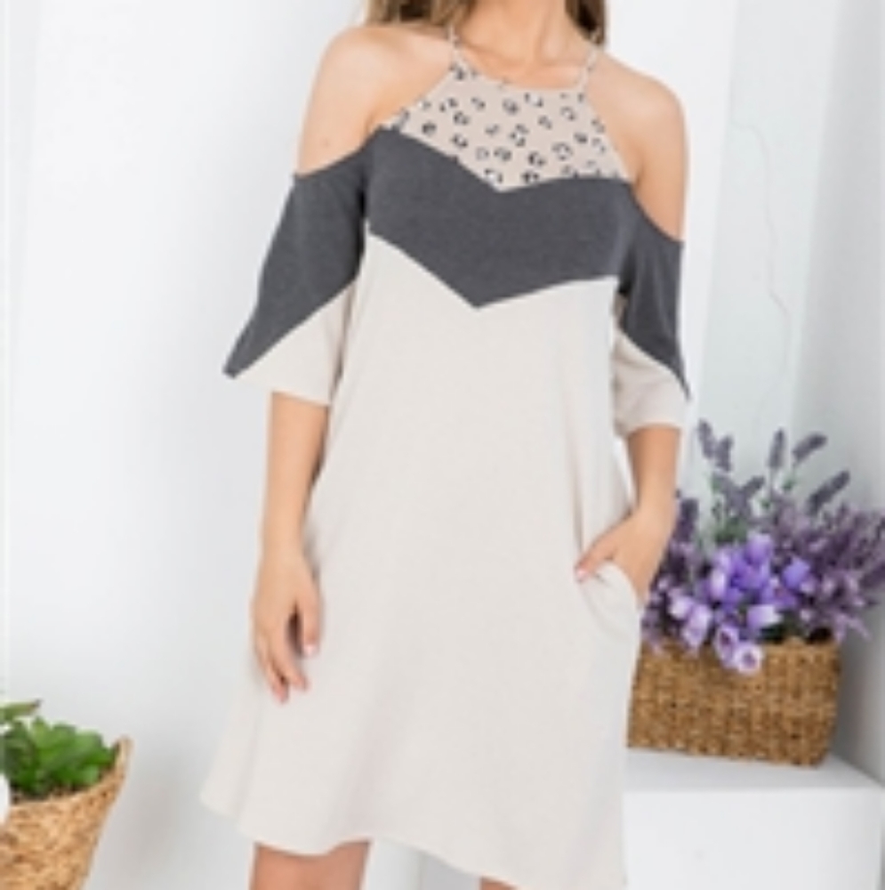 Perfect Peach OFF-SHOULDER SPAGHETTI STRAP LEOPARD CONTRAST DRESS - Picture 5 of 7